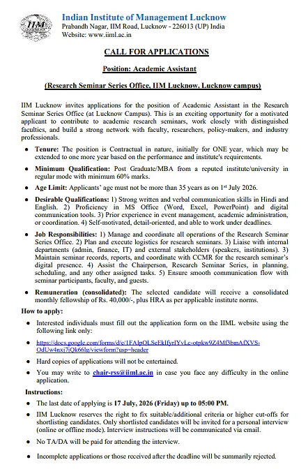 Academic Assistant Recruitment 2026 at IIM Lucknow
