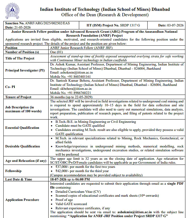 IIT (ISM) Dhanbad Recruitment 2026: Apply for ANRF Junior Research Fellow (JRF) Position