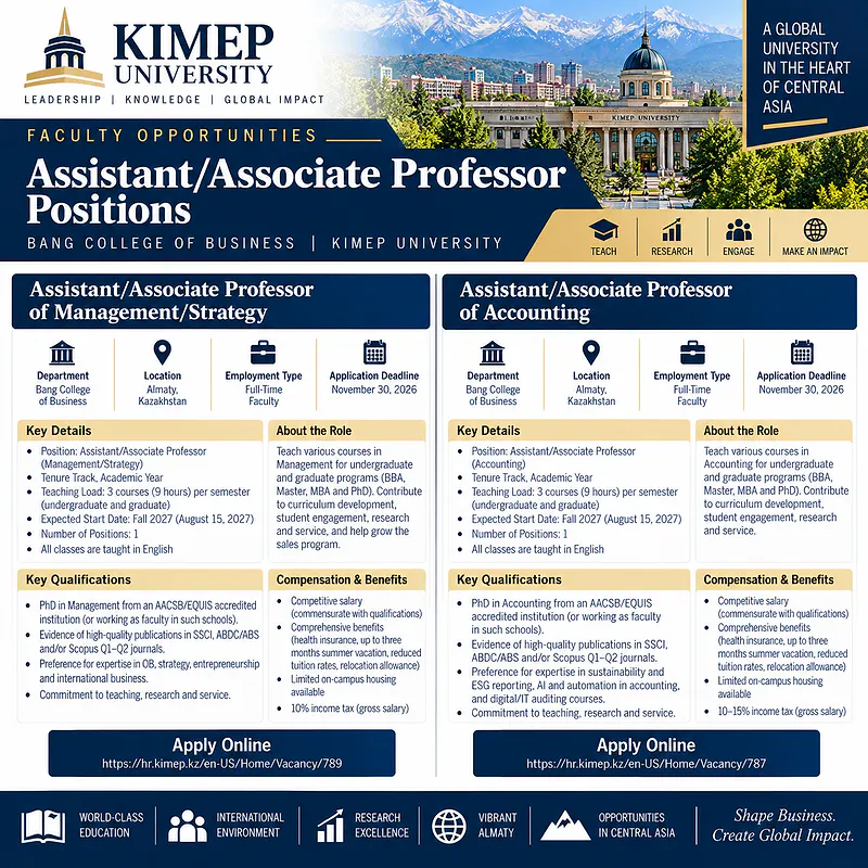 Assistant/Associate Professor Positions in Management/Strategy and Accounting – KIMEP University