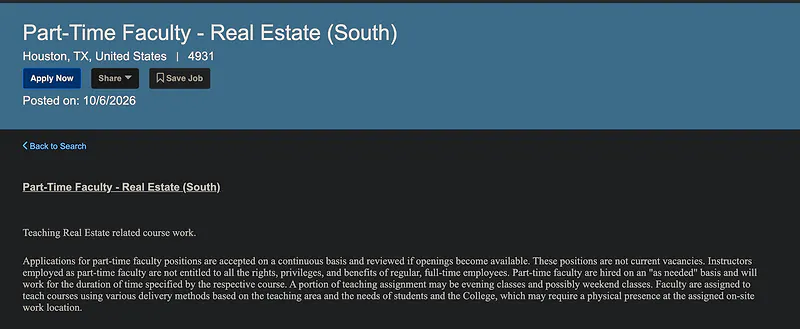 Faculty Opportunity: Part-Time Faculty – Real Estate (South) – San Jacinto College
