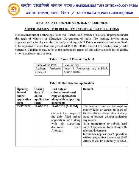 NIT Patna Assistant Professor Grade-II Recruitment 2026 – Apply Online for Faculty Positions