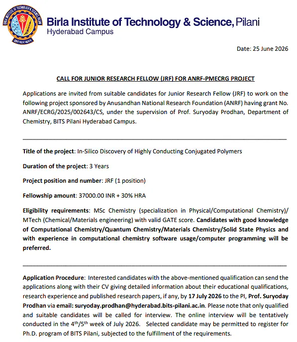 BITS Pilani Hyderabad Recruitment 2026 | JRF Position Under ANRF-PMECRG Project