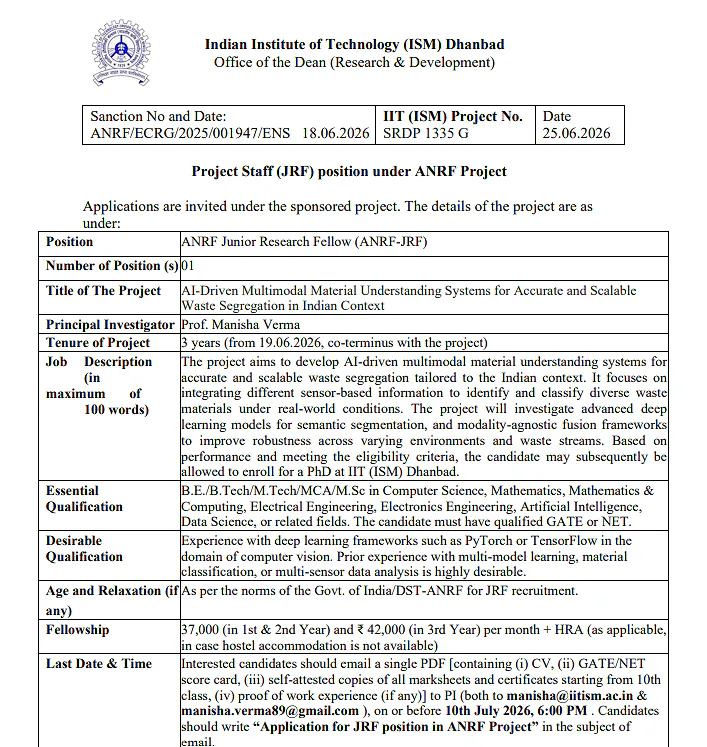 IIT (ISM) Dhanbad Recruitment 2026 | ANRF Junior Research Fellow (JRF) under AI-Driven Waste Segregation Project