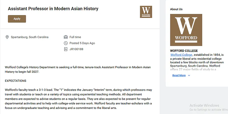 Assistant Professor in Modern Asian History – Wofford College