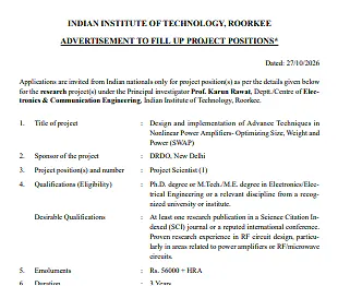 IIT Roorkee Project Research Recruitment 2026 – DRDO-Funded Project in Electronics and Communication Engineering