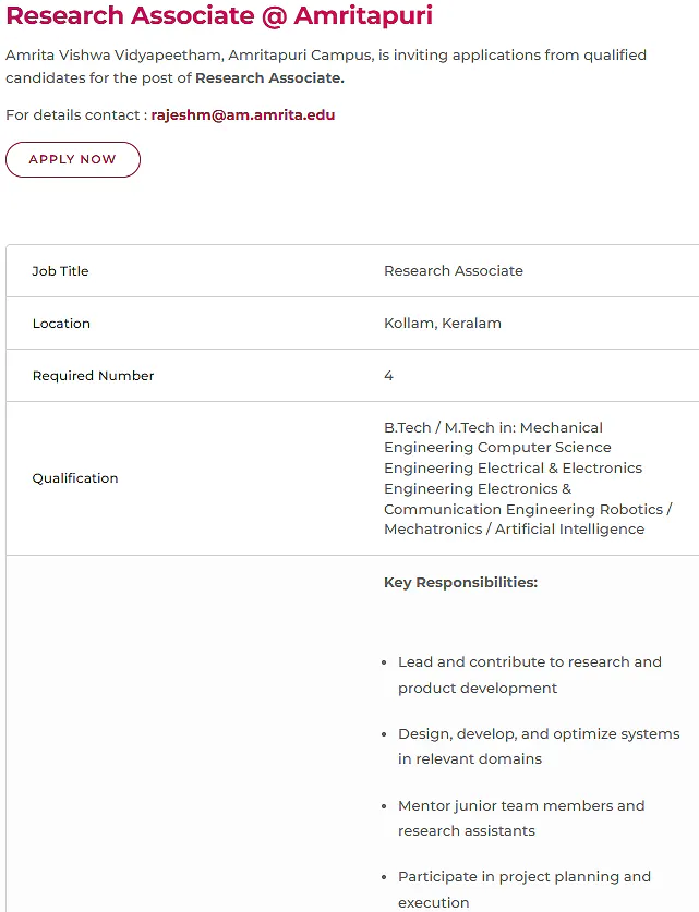 Research Associate Recruitment – Amrita Vishwa Vidyapeetham, Amritapuri Campus