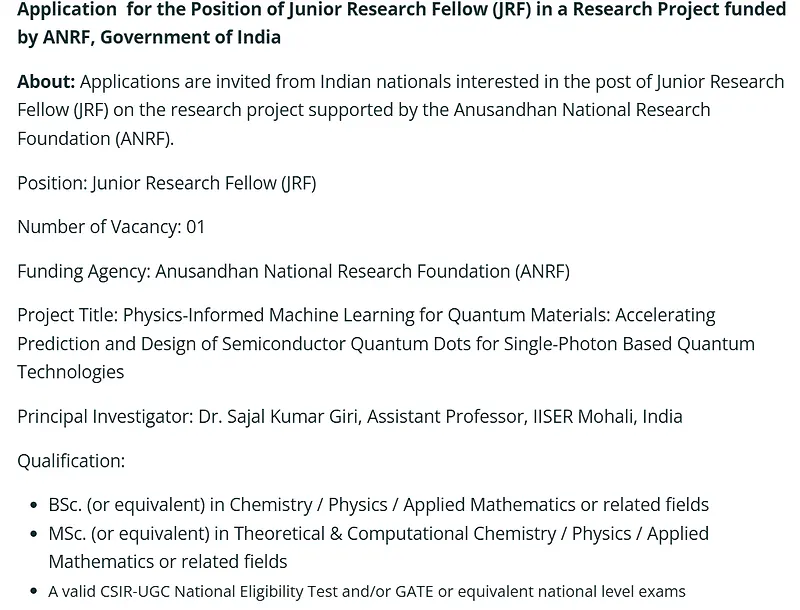 Junior Research Fellow Recruitment 2026 at IISER Mohali – ANRF Research Project