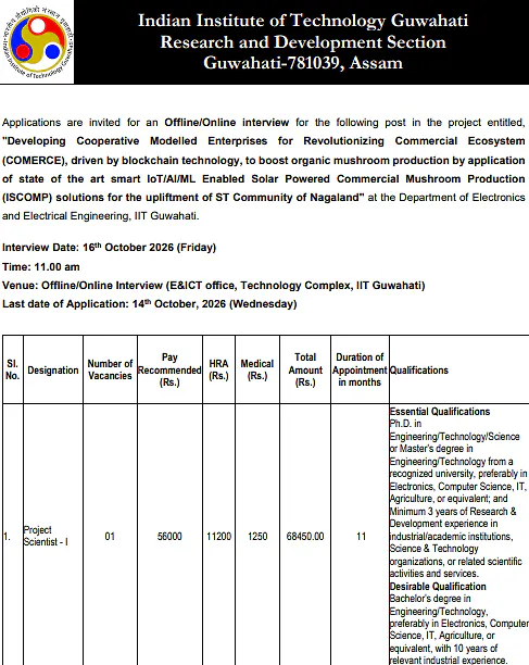 Project Scientist-I Recruitment 2026 at IIT Guwahati – Biotechnology & Smart Mushroom Production Project