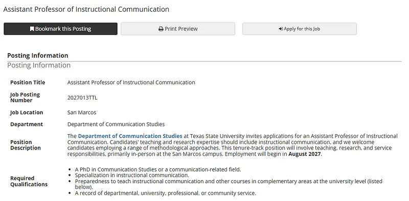 Assistant Professor of Instructional Communication – Texas State University