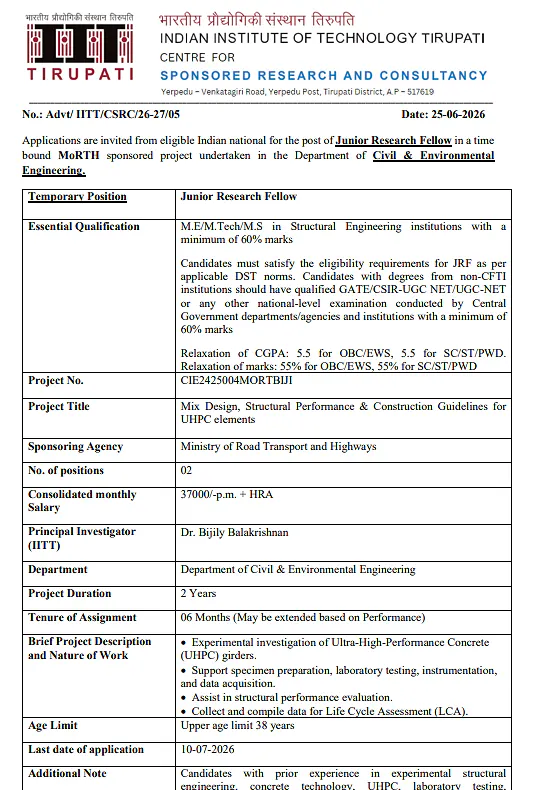 IIT Tirupati Invites Applications for Junior Research Fellow (JRF) under MoRTH-Funded Project