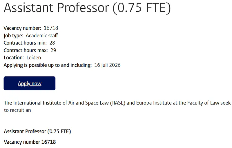 Assistant Professor (0.75 FTE) at Leiden University | Faculty Position in Air and Space Law