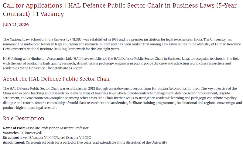 NLSIU HAL Defence Public Sector Chair Recruitment 2026