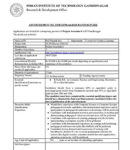 IIT Gandhinagar Invites Applications for Project Associate-I Position