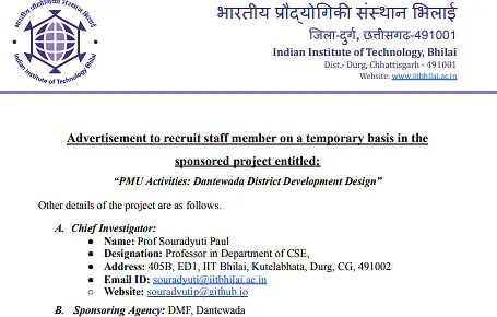IIT Bhilai Project Staff Recruitment 2026 – PMU Activities: Dantewada District Development Design