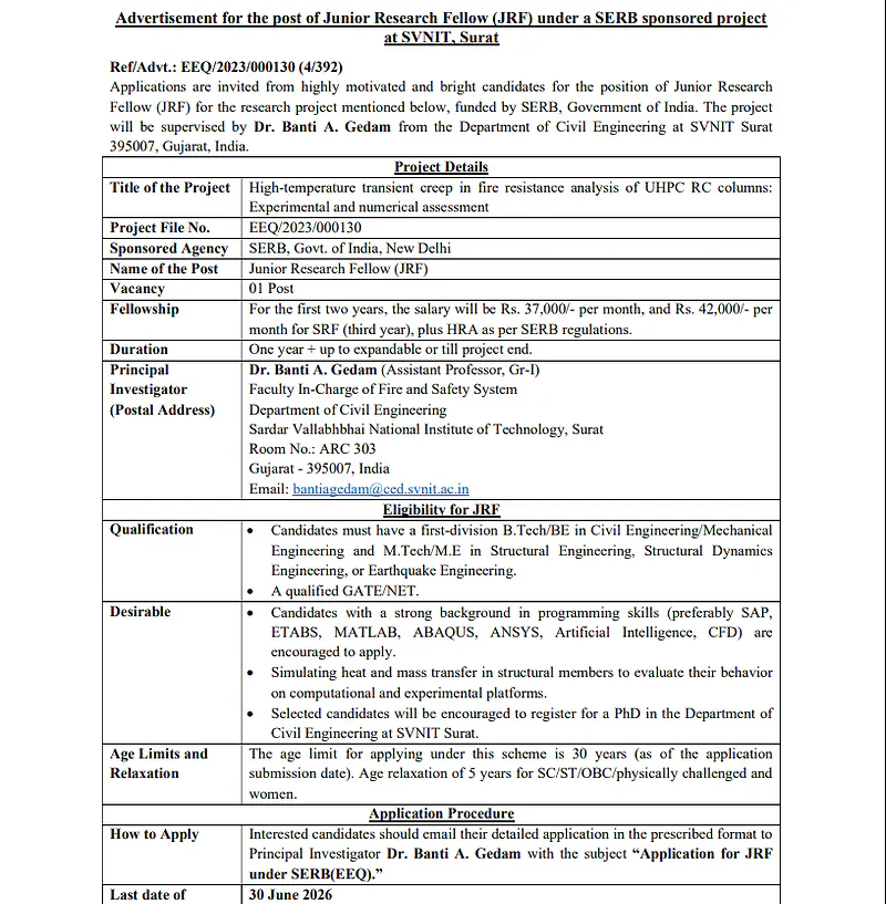JRF Recruitment 2026 – SVNIT Surat (SERB Project)