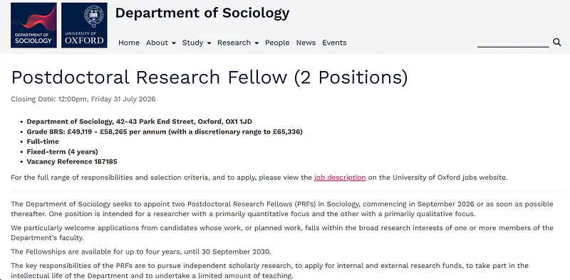 University of Oxford Recruitment 2026: Postdoctoral Research Fellow (2 Positions) in Sociology