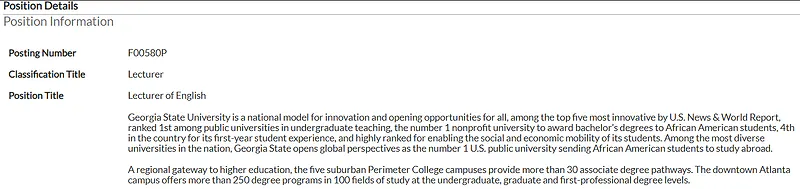 Lecturer of English – Georgia State University