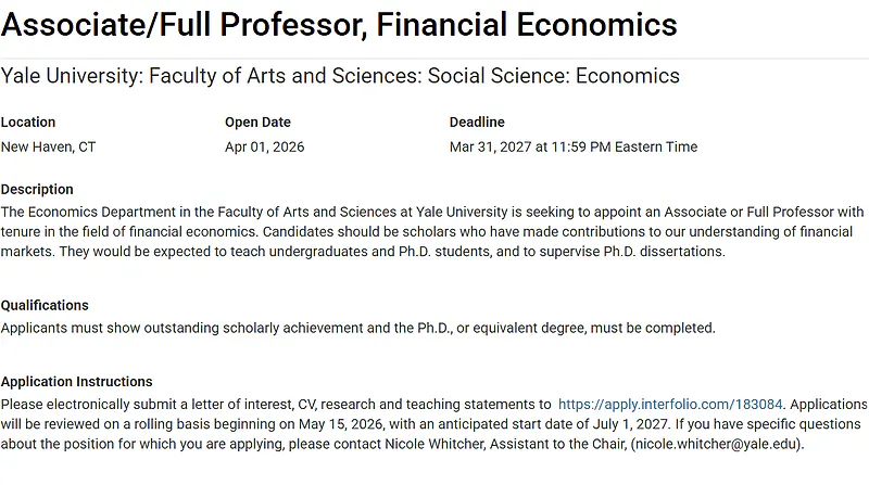 Associate/Full Professor in Financial Economics 2027