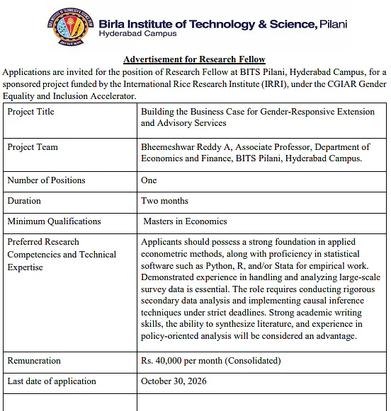 Research Fellow Recruitment 2026 at BITS Pilani Hyderabad Campus – Economics Research Project