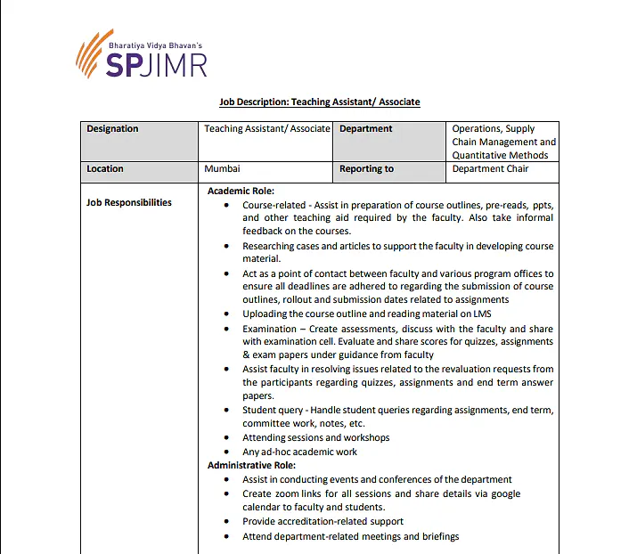 Teaching Assistant / Associate  Bharatiya Vidya Bhavan's S.P. Jain Institute of Management and Research (SPJIMR)