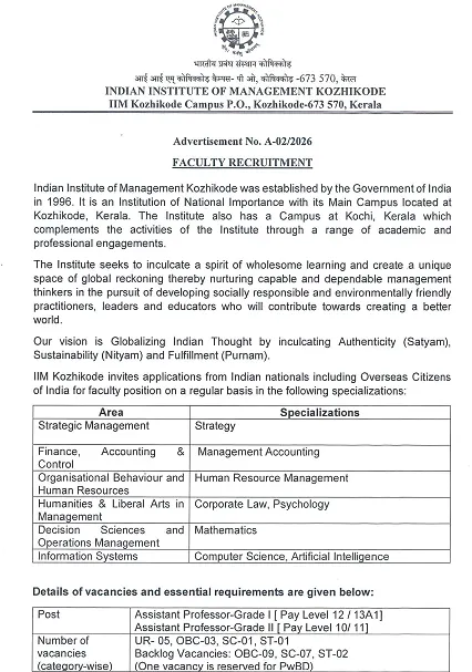  IIM Kozhikode Faculty Recruitment 2026 – Assistant Professor Grade I & II