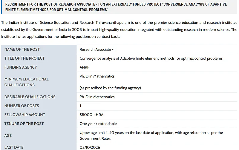 Research Associate-I Recruitment 2026 at IISER Thiruvananthapuram – ANRF Project