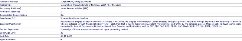 Junior Research Fellow (JRF) Recruitment 2026 at IIT Kharagpur – Nonlinear WDM Fiber Networks Research Project