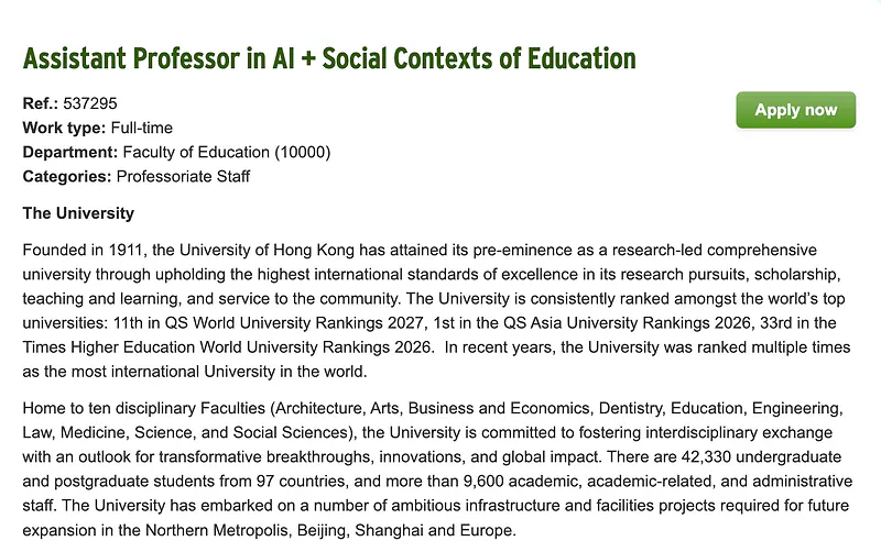 Assistant Professor in AI + Social Contexts of Education – The University of Hong Kong