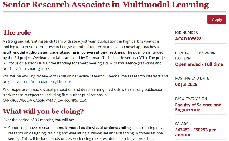 University of Bristol Recruitment 2026: Senior Research Associate in Multimodal Learning
