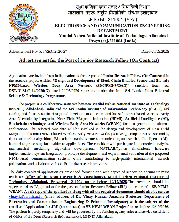 Junior Research Fellow (JRF) Recruitment 2026 – MNNIT Allahabad