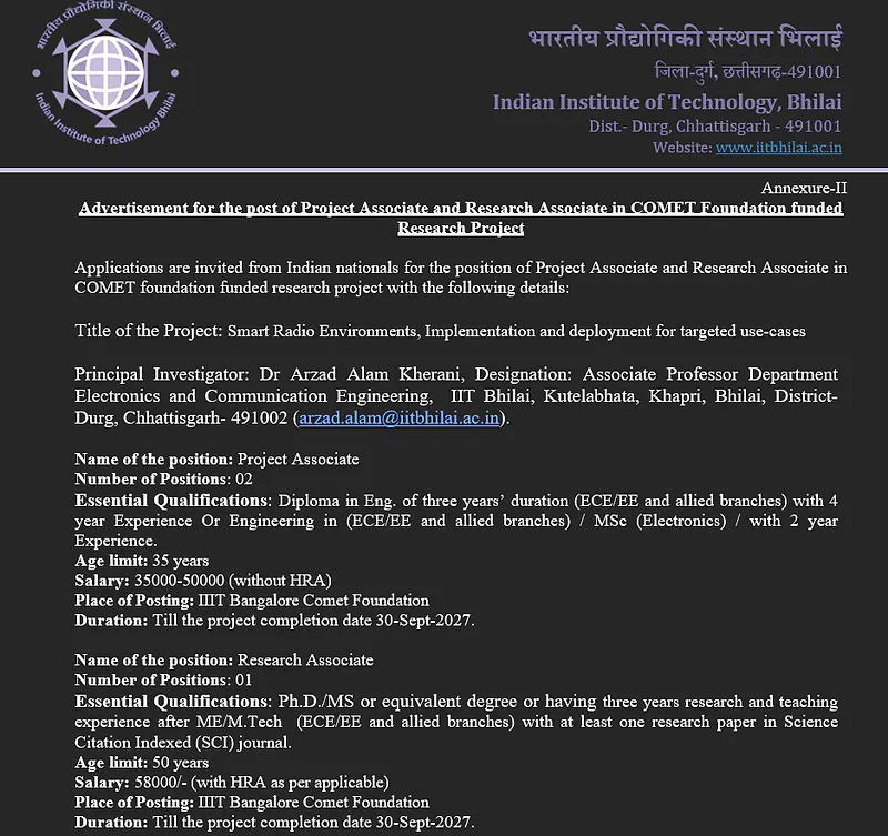 Project Associate & Research Associate Recruitment 2026 at IIT Bhilai – COMET Foundation Funded Smart Radio Environments Project