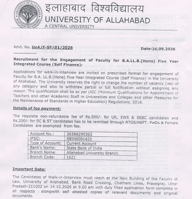 Faculty Recruitment 2026 for B.A.LL.B. (Hons.) Five Year Integrated Course – University of Allahabad