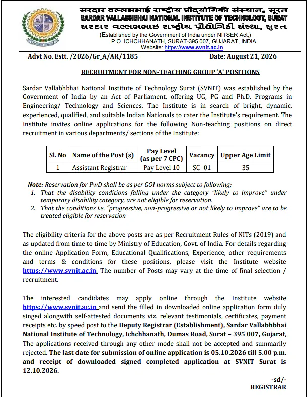 Assistant Registrar Recruitment 2026 at SVNIT Surat – Group ‘A’ Non-Teaching Position