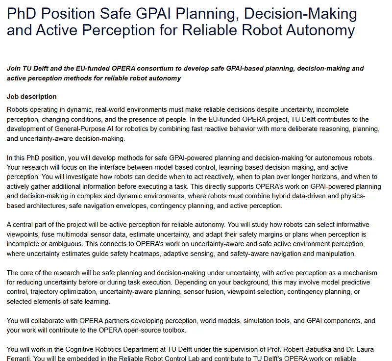 TU Delft PhD Position 2026: Safe GPAI Planning, Decision-Making and Active Perception for Reliable Robot Autonomy