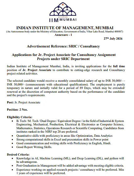 IIM Mumbai Recruitment 2026: Junior Project Associate Positions Under SRIC