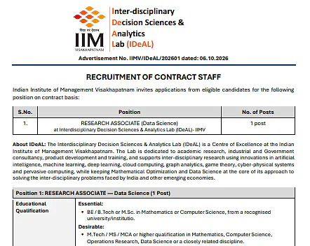Research Associate – Data Science Recruitment 2026 at IIM Visakhapatnam
