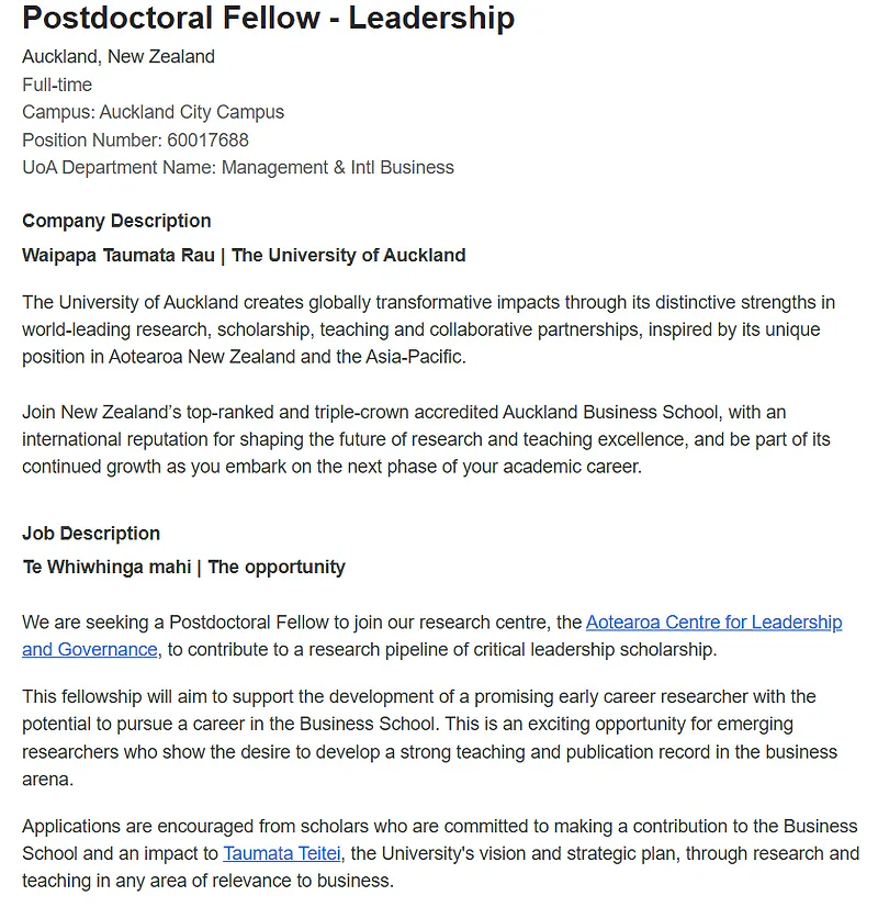 University of Auckland Recruitment 2026: Postdoctoral Fellow – Leadership 