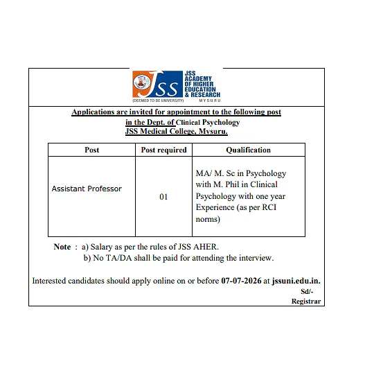 Assistant Professor (Clinical Psychology) Recruitment 2026 at JSS Medical College, Mysuru