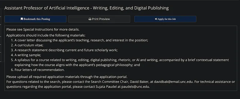 Assistant Professor of Artificial Intelligence – Writing, Editing, and Digital Publishing – University of North Carolina at Chapel Hill