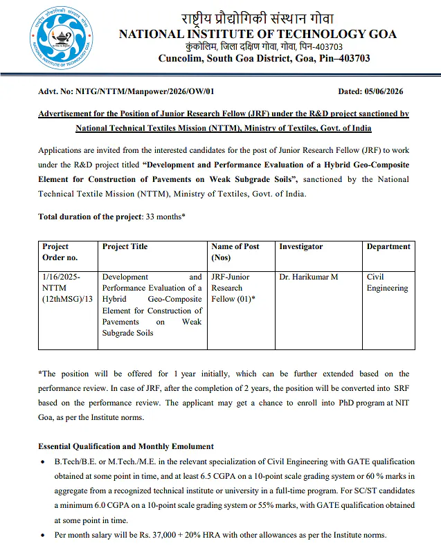Junior Research Fellow (JRF) Recruitment 2026 at NIT Goa | NTTM-Funded Civil Engineering Project