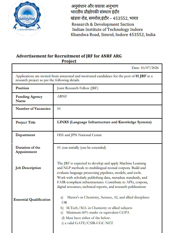 IIT Indore JRF Recruitment 2026