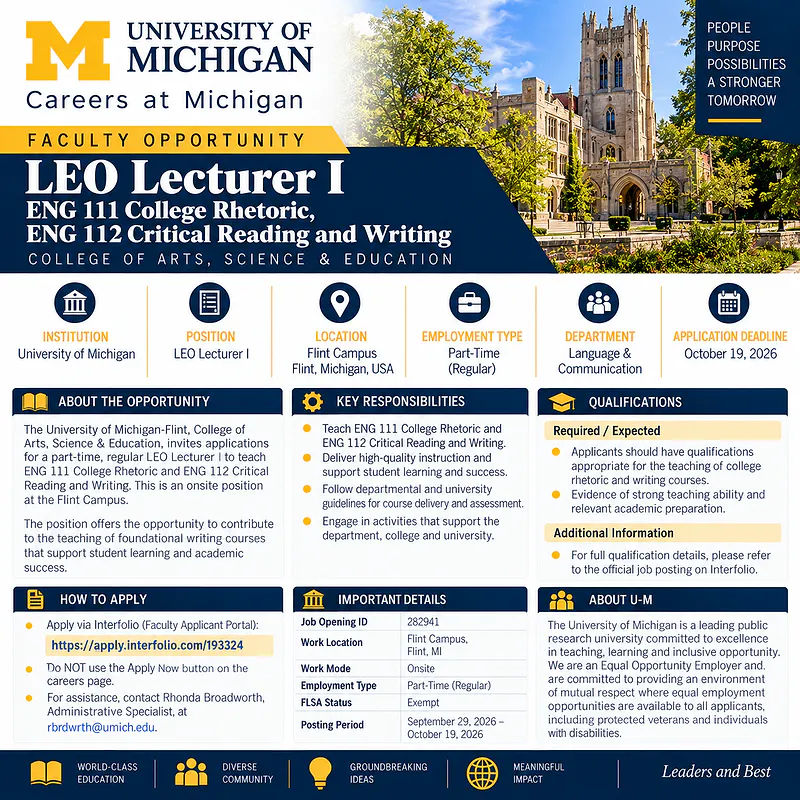 LEO Lecturer I – College Rhetoric and Critical Reading & Writing – University of Michigan-Flint