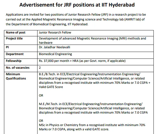 Junior Research Fellow (JRF) Recruitment 2026 at IIT Hyderabad – Advanced MRI Methods & Hardware Research Project