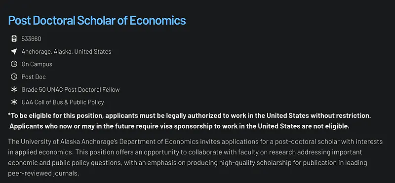 Postdoctoral Research Opportunity: Post Doctoral Scholar of Economics – University of Alaska Anchorage