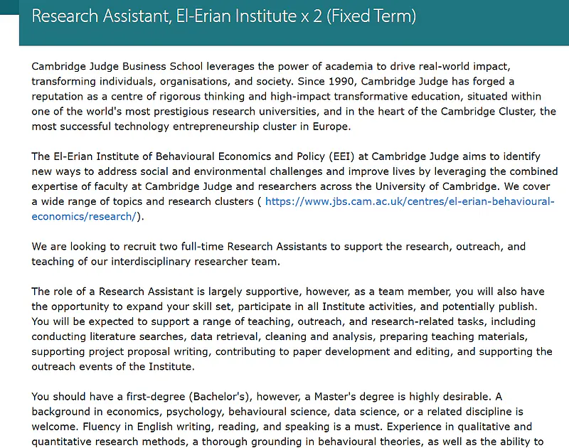 Research Assistant Recruitment 2026 | El-Erian Institute, Cambridge Judge Business School (2 Positions)