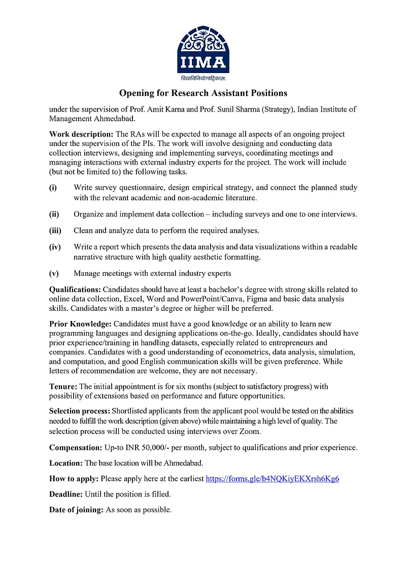 Research Assistant Positions – IIM Ahmedabad