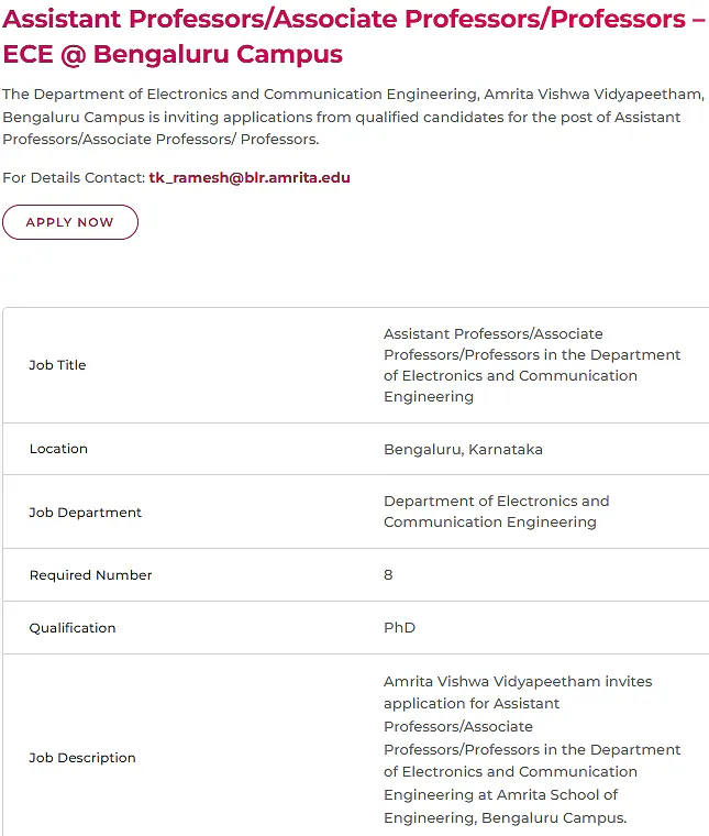 Faculty Recruitment 2026 – Assistant Professor / Associate Professor / Professor in ECE – Amrita Vishwa Vidyapeetham, Bengaluru