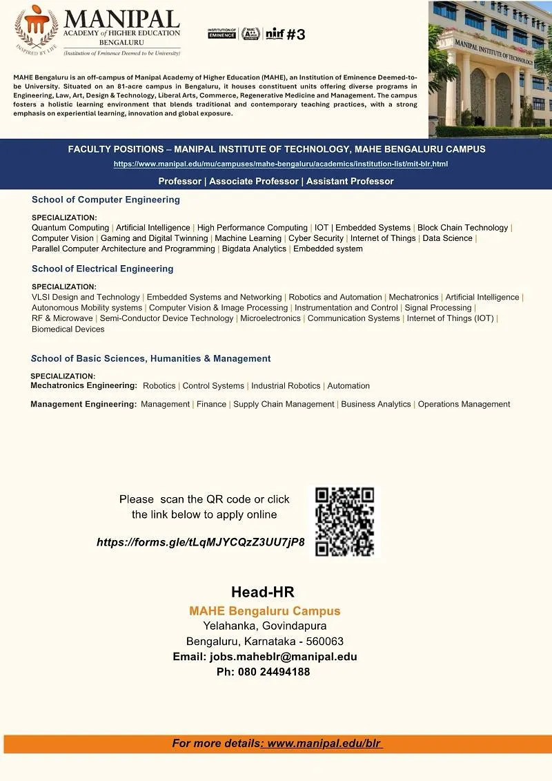 Manipal Institute of Technology Faculty Recruitment 2026 – Professor, Associate Professor & Assistant Professor | MAHE Bengaluru