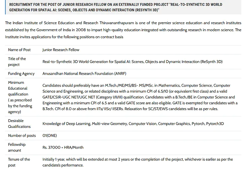 IISER Thiruvananthapuram Invites Applications for Junior Research Fellow (JRF) under ANRF-Funded Project