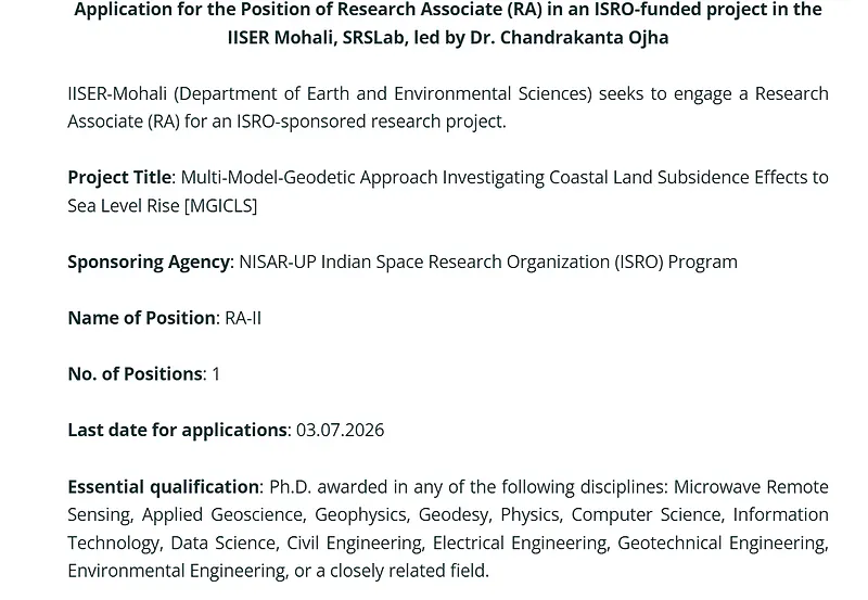 IISER Mohali Recruitment 2026: Applications Invited for Research Associate-II Position Under ISRO-Funded Project